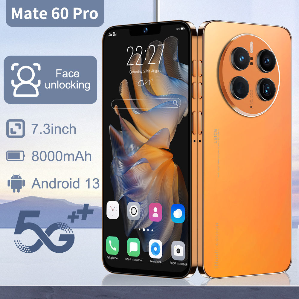 Mate 60 Pro gold smartphone with features: Face unlocking, 7.3-inch, 8000mAh, Android 13, 5G++.