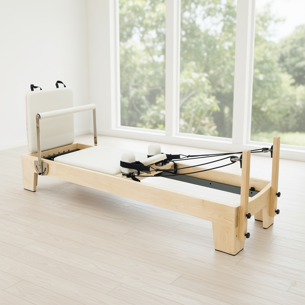 Pilates reformer with wood frame and white padding
