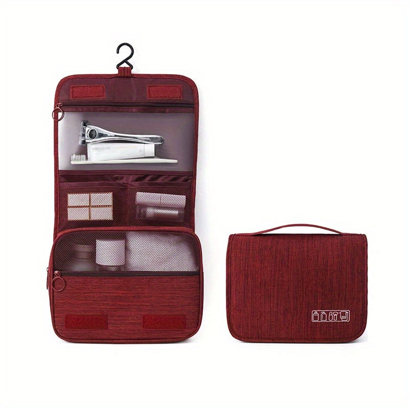 Thumbnail: Red hanging toiletry bag, open with compartments, and closed