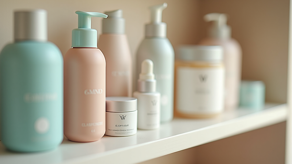 Close-up view of skincare products on a shelf