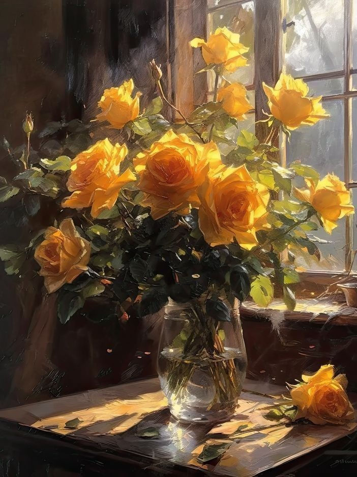 Thumbnail: Digital oil painting of yellow roses in a vase by a window