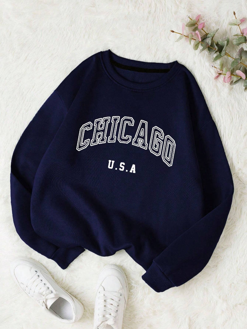Thumbnail: Women's navy crewneck sweatshirt with 'CHICAGO U.S.A'