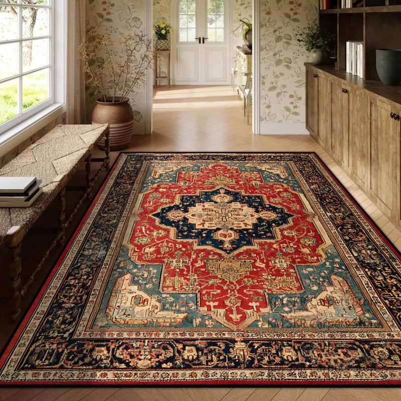 Thumbnail: Ornate red and blue patterned area rug