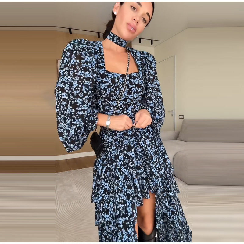Thumbnail: Floral Print Ruffle Women's Maxi Dress Sexy Square Neck Choker Neckline Full Sle