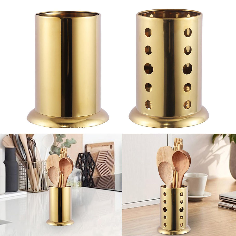 Thumbnail: Golden utensil holders, smooth and perforated, with wooden spoons.