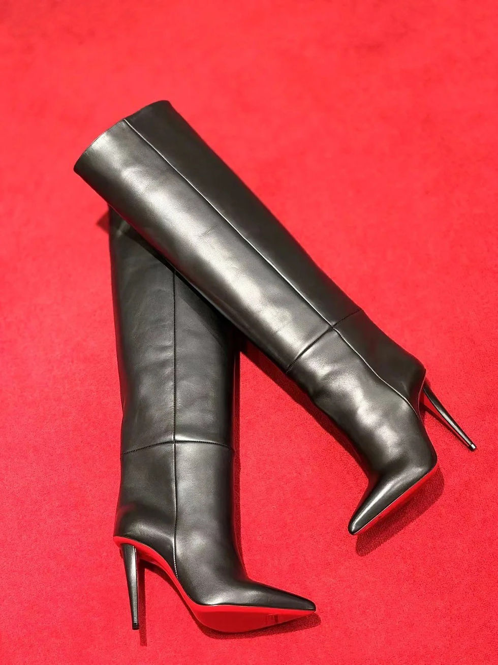 Thumbnail: New European and American Women's Slim High Heels, Pointed Rivets, Knee Length B