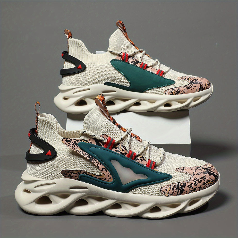 Thumbnail: Pair of cream and green modern sneakers with chunky soles