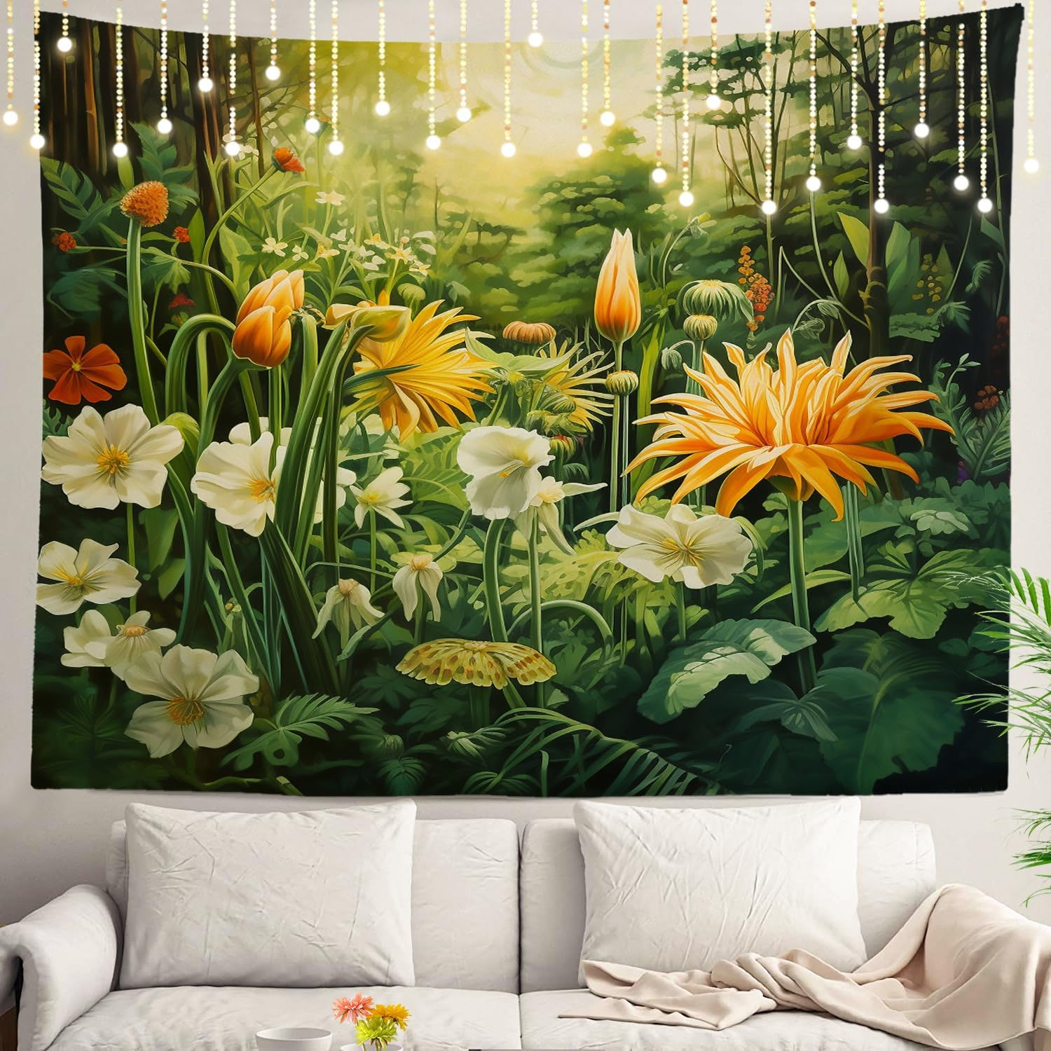Vibrant garden tapestry above a white sofa