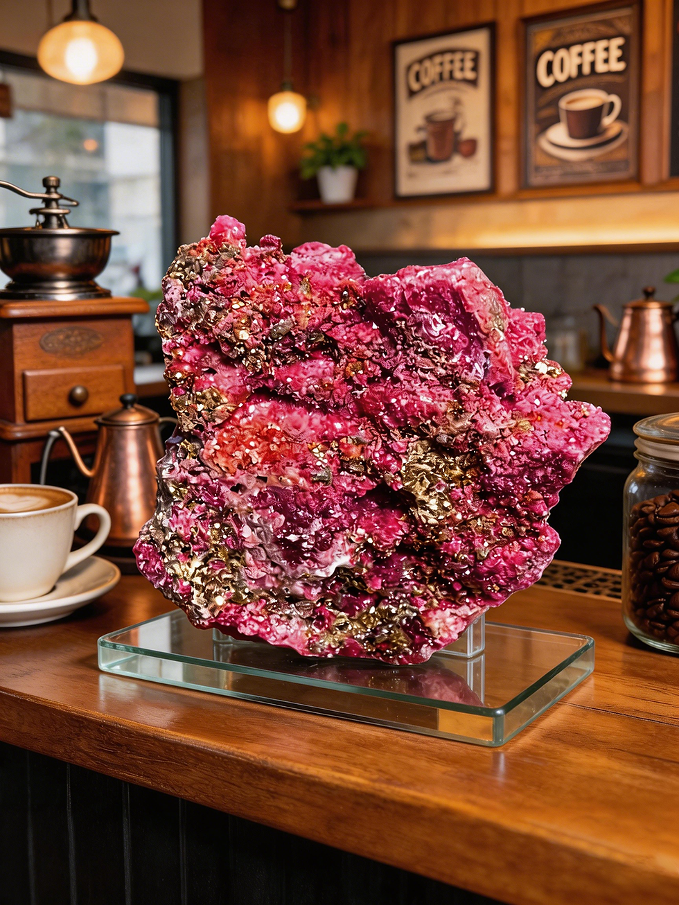 Thumbnail: Rough ruby crystal specimen on display in a cafe