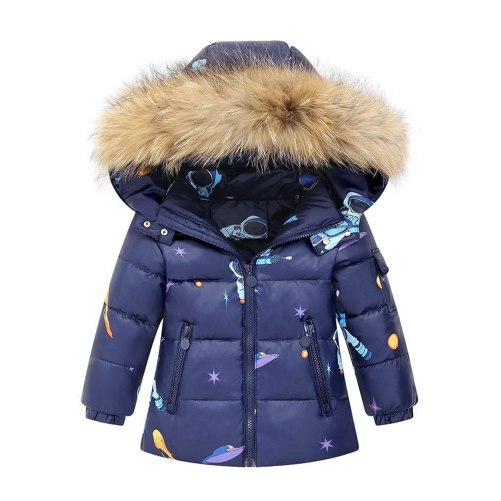 Thumbnail: Navy blue child's puffer jacket with space pattern and fur hood