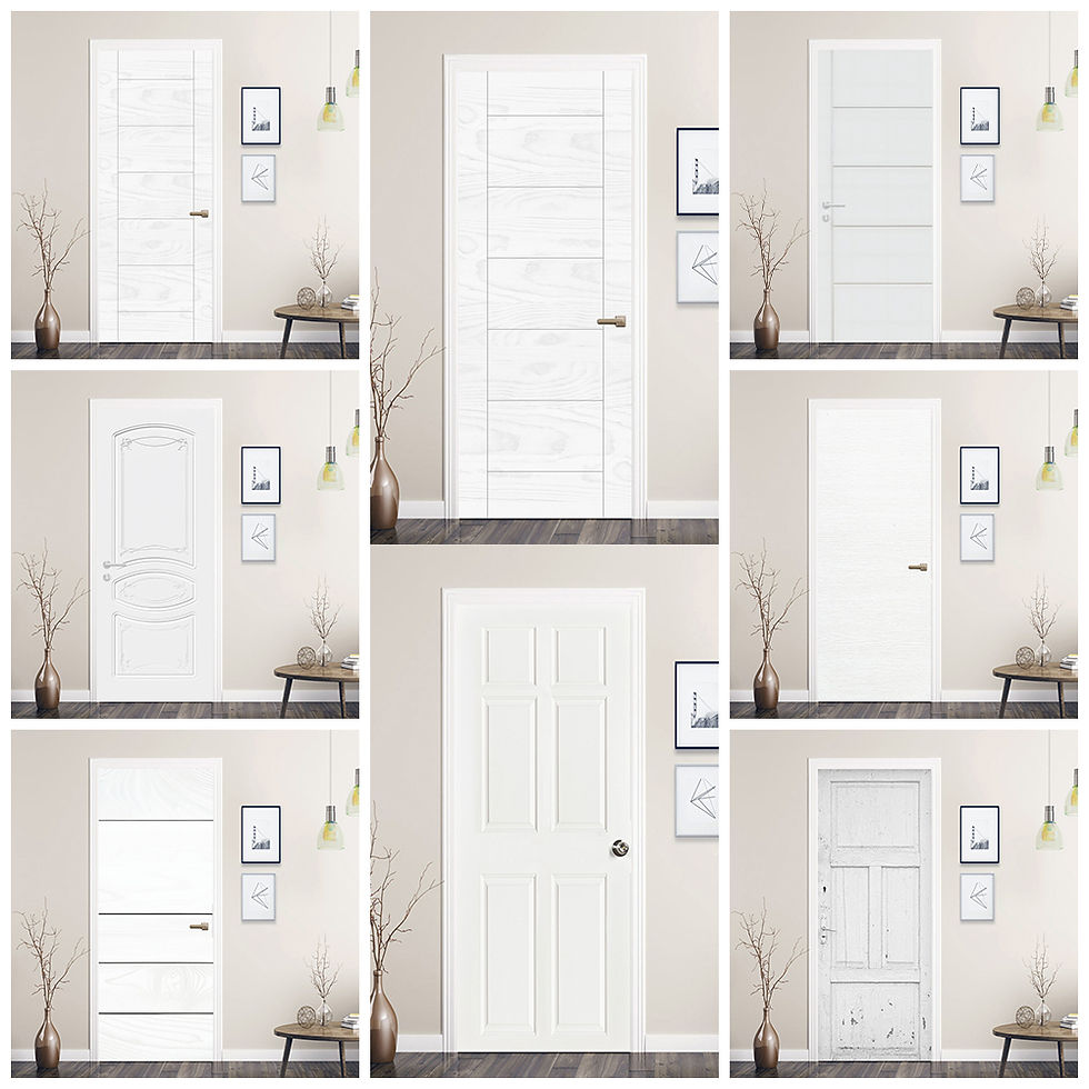 Nine white interior doors with various panel designs