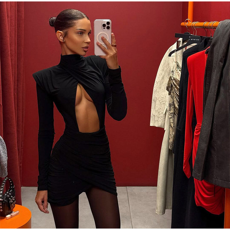 Thumbnail: Sexy Hollow-out Pleated Mini Dress Women Fashion Solid Half High Collar Long Sle
