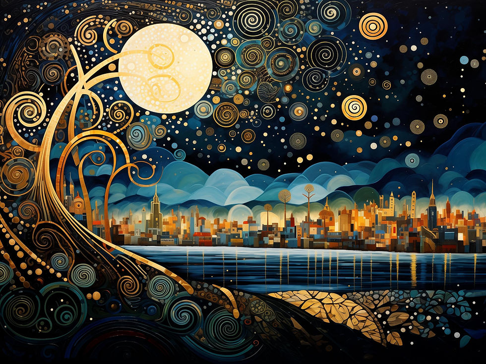 Thumbnail: Abstract night cityscape with golden moon and stars