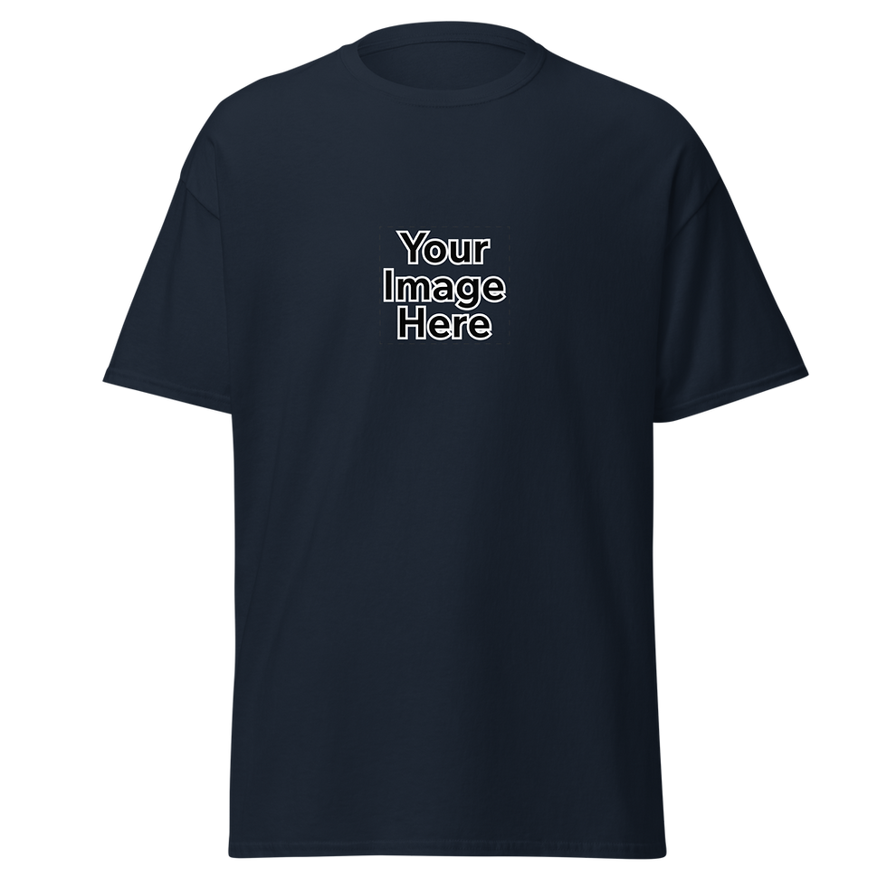 Thumbnail: Dark blue t-shirt with 'Your Image Here'