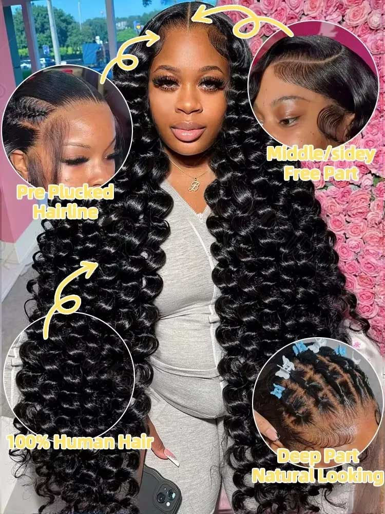 Woman with long black curly hair wig, showing pre-plucked hairline & free part