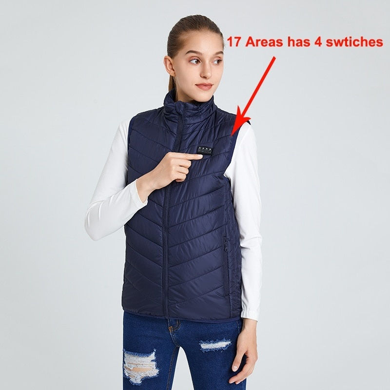 Thumbnail: Woman in navy quilted vest; 17 Areas has 4 swtiches