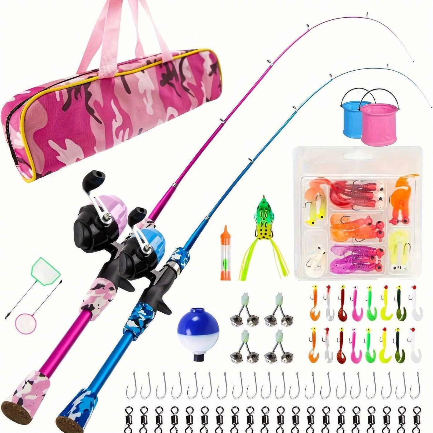 Fishing gear set with pink and blue rods, lures, and tackle