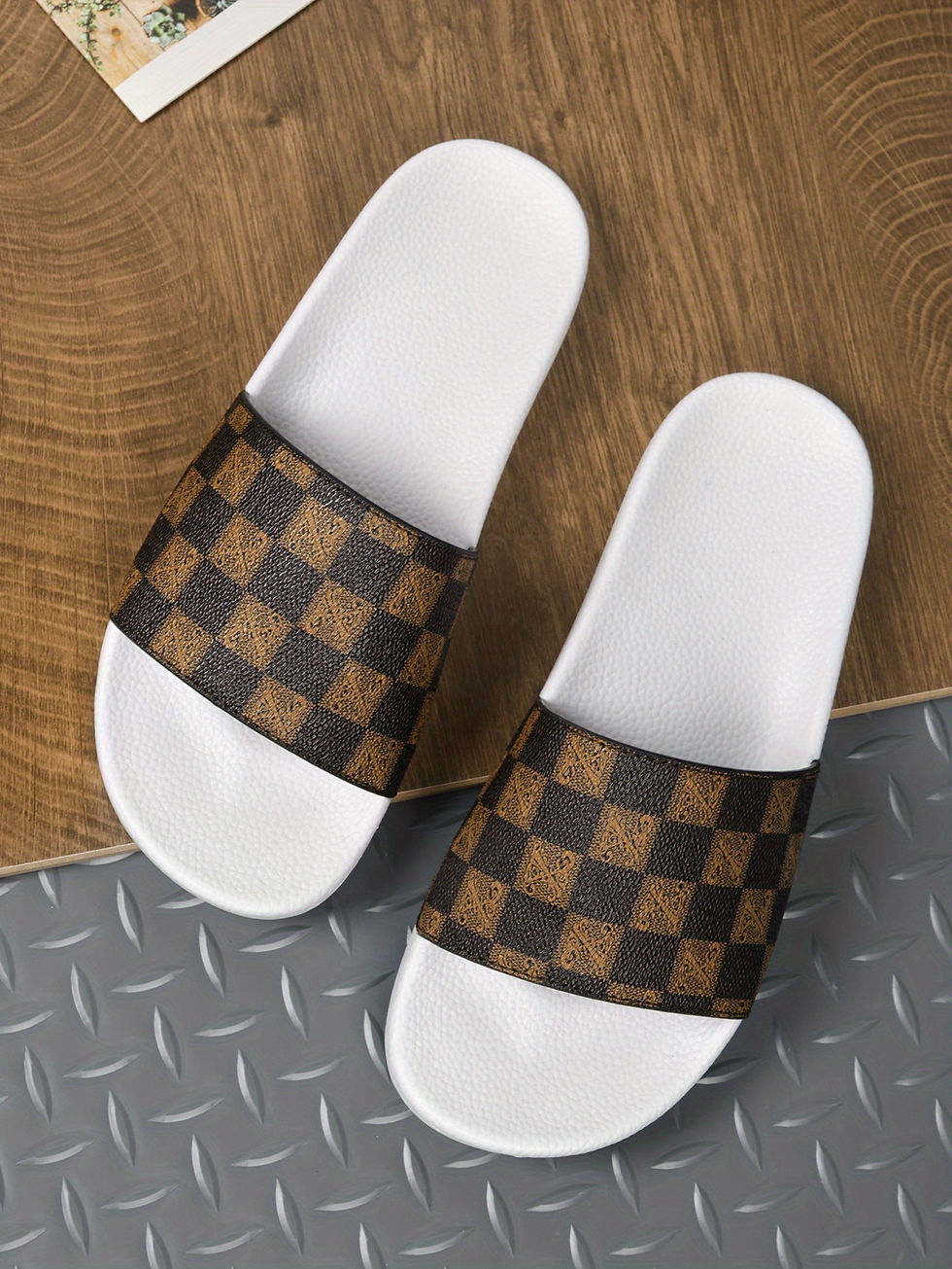 Thumbnail: White slides with brown checkered straps