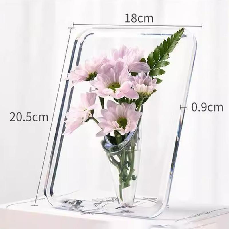 Thumbnail: Clear acrylic frame vase with pink flowers, dimensions 18x20.5x0.9cm