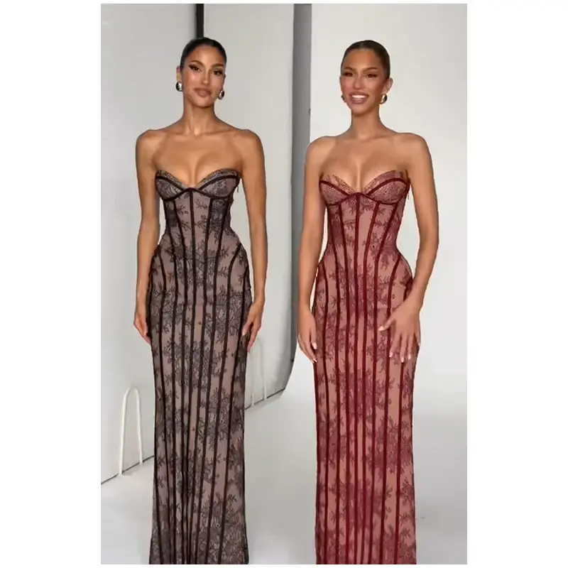 Thumbnail: Women Strapless Tulle Fishbone Dress Backless Off Shoulder Printed Patchwork Sli