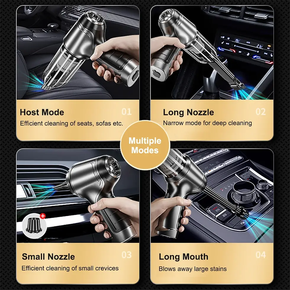 Thumbnail: Portable car vacuum demonstrating four cleaning modes: host, long nozzle, small nozzle, long mouth