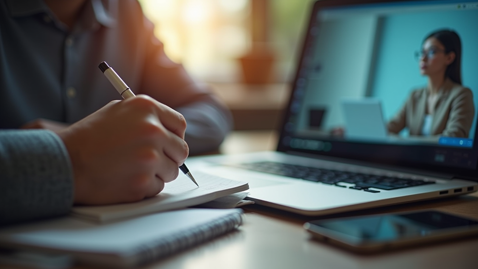 Close-up view of a person taking notes while watching an online training video