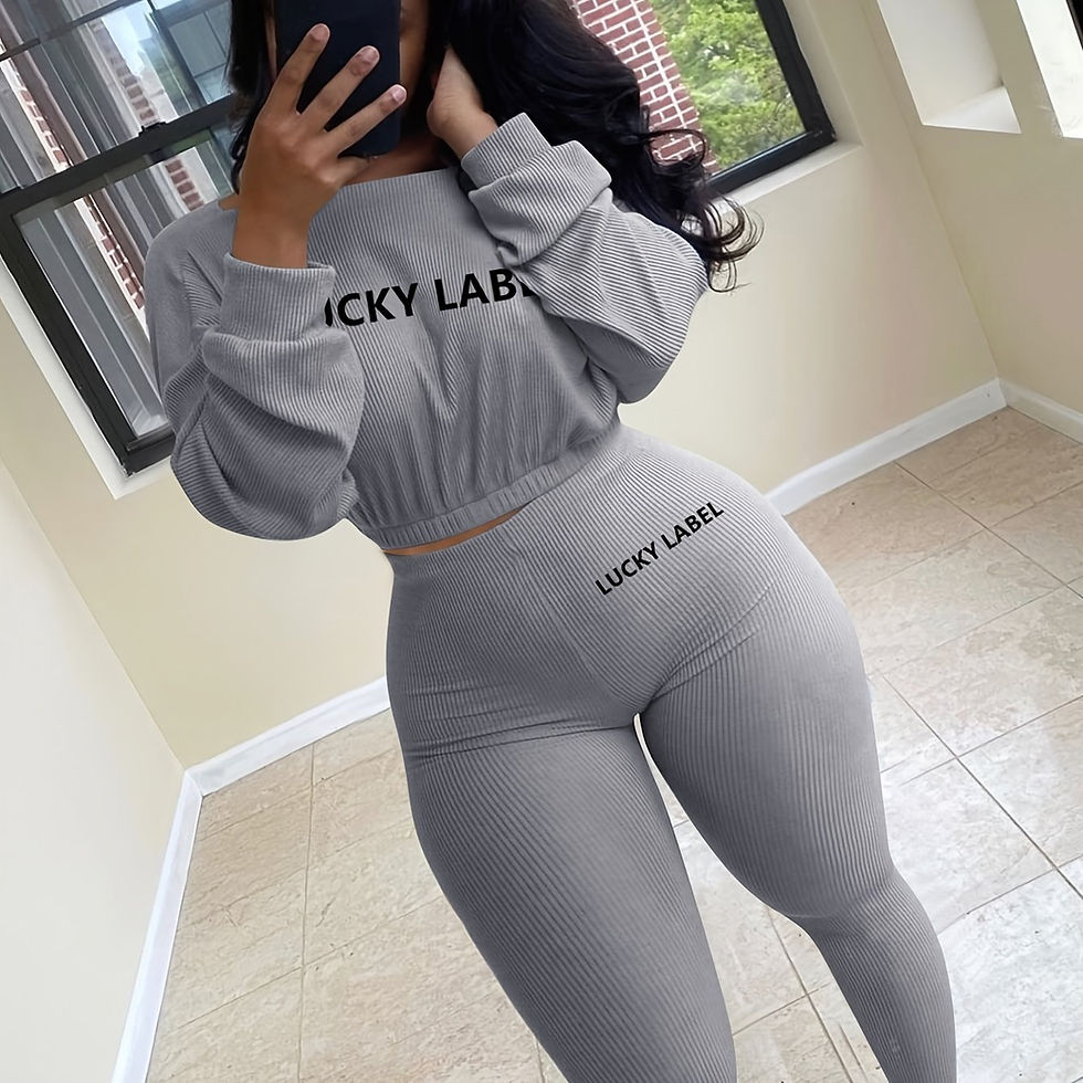 Thumbnail: [Women's Sweatshirt Set] Letter Embroidery Women's Two Piece Ribbed s Fall Sprin