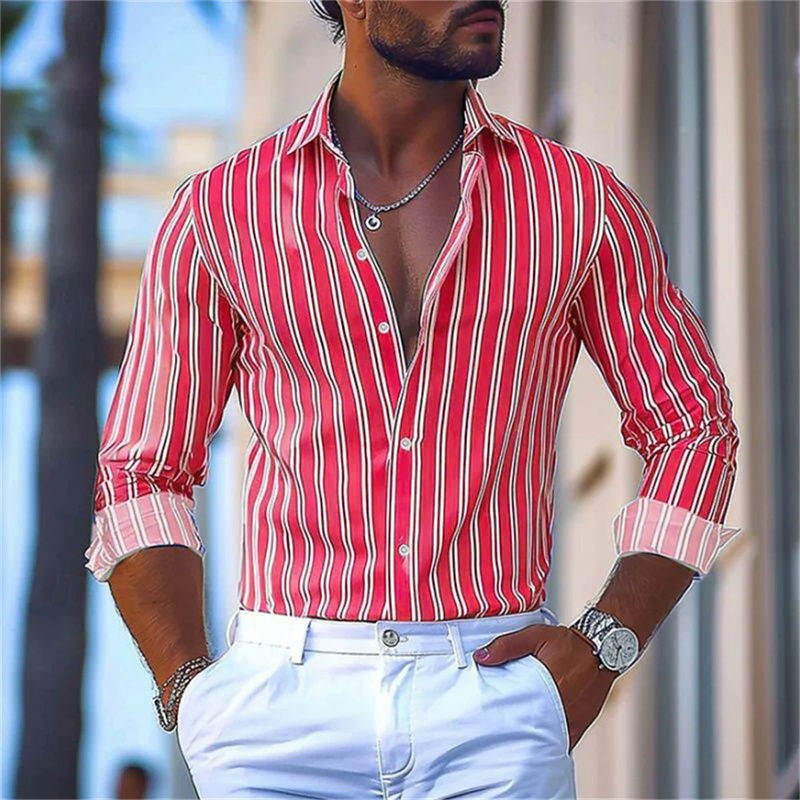 Thumbnail: A man wearing a red and white striped button-down shirt
