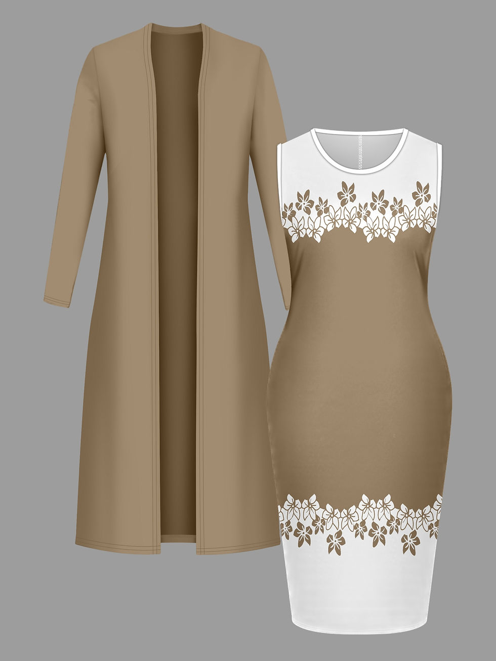 Thumbnail: Beige long coat and matching dress with white lace trim
