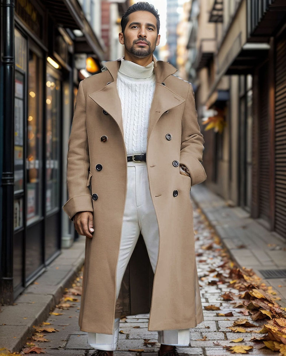 Thumbnail: Man in tan coat and white turtleneck on street with leaves