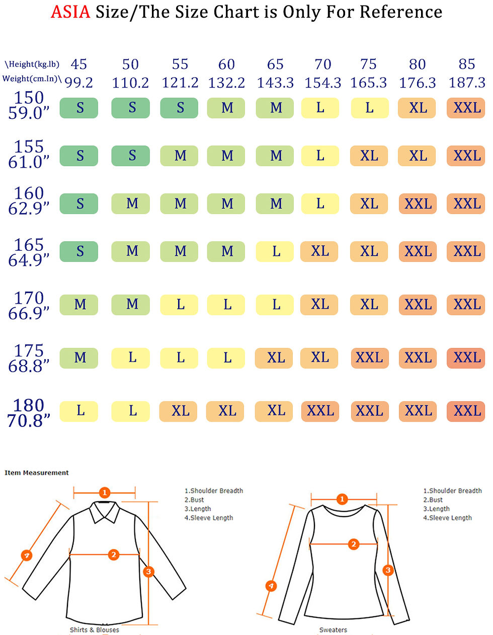 Thumbnail: Size chart for clothing with height, weight, and measurement guide.
