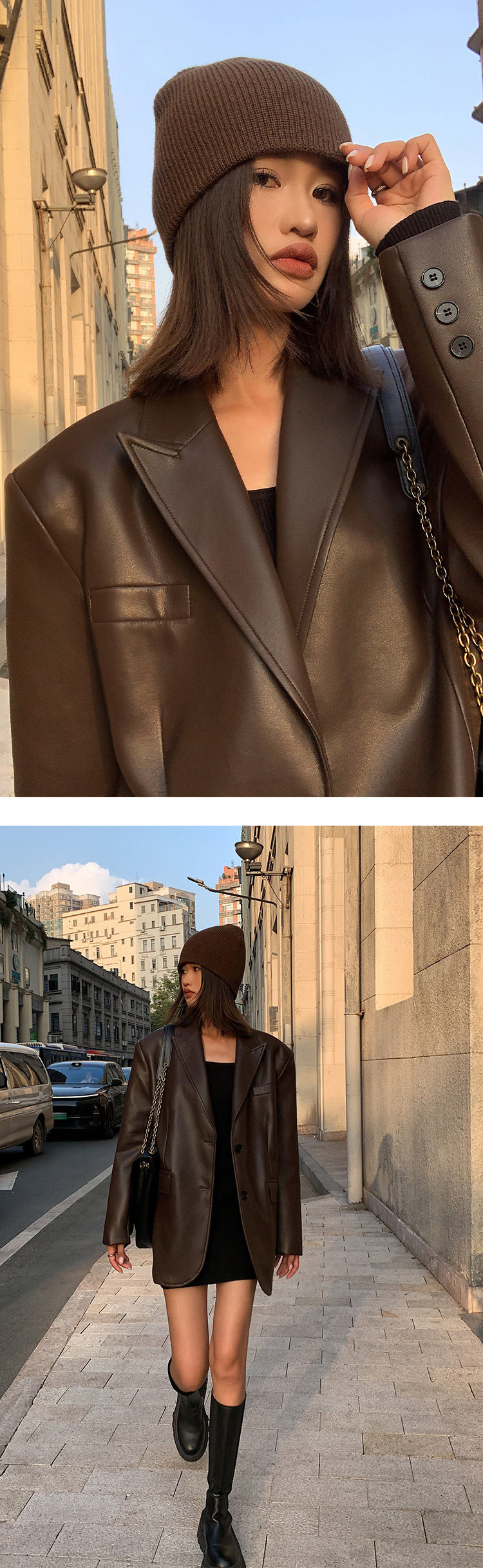 Thumbnail: Women Black Brown Soft PU Leather Blazer Shoulder Pads Long Sleeve Single Breast