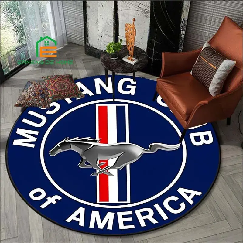 Thumbnail: Circular blue rug with Mustang Club of America logo and horse emblem