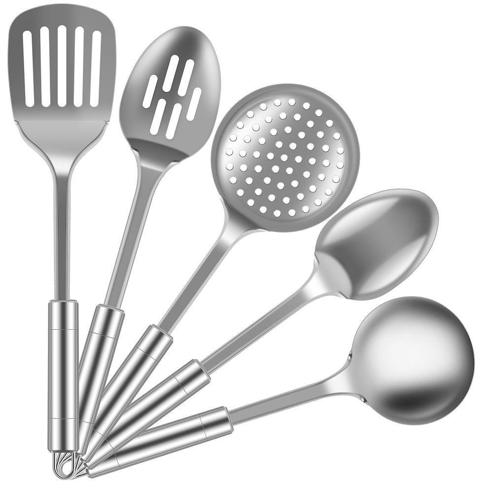 Thumbnail: Stainless steel kitchen tools: spatula, spoon, skimmer, ladle