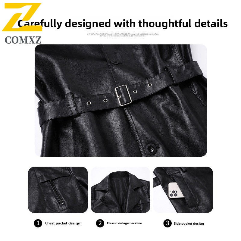 Thumbnail: Black leather jacket, belted waist, chest and side pockets