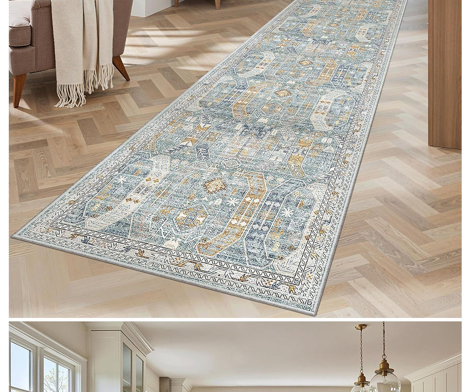Thumbnail: Patterned blue and off-white rug runner on a wooden floor