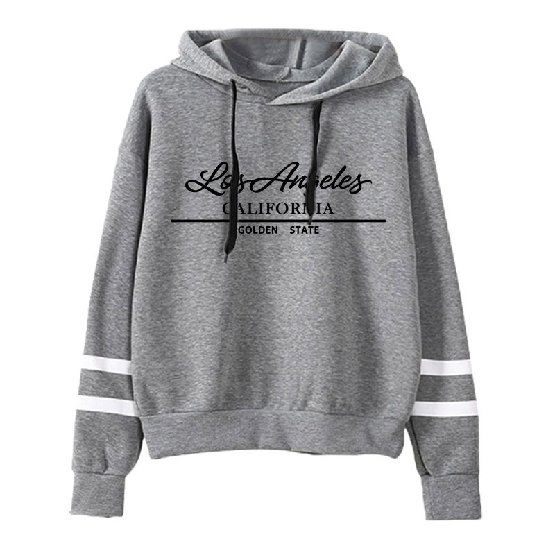 Thumbnail: Grey hoodie with 'Los Angeles CALIFORNIA' text, white sleeve stripes