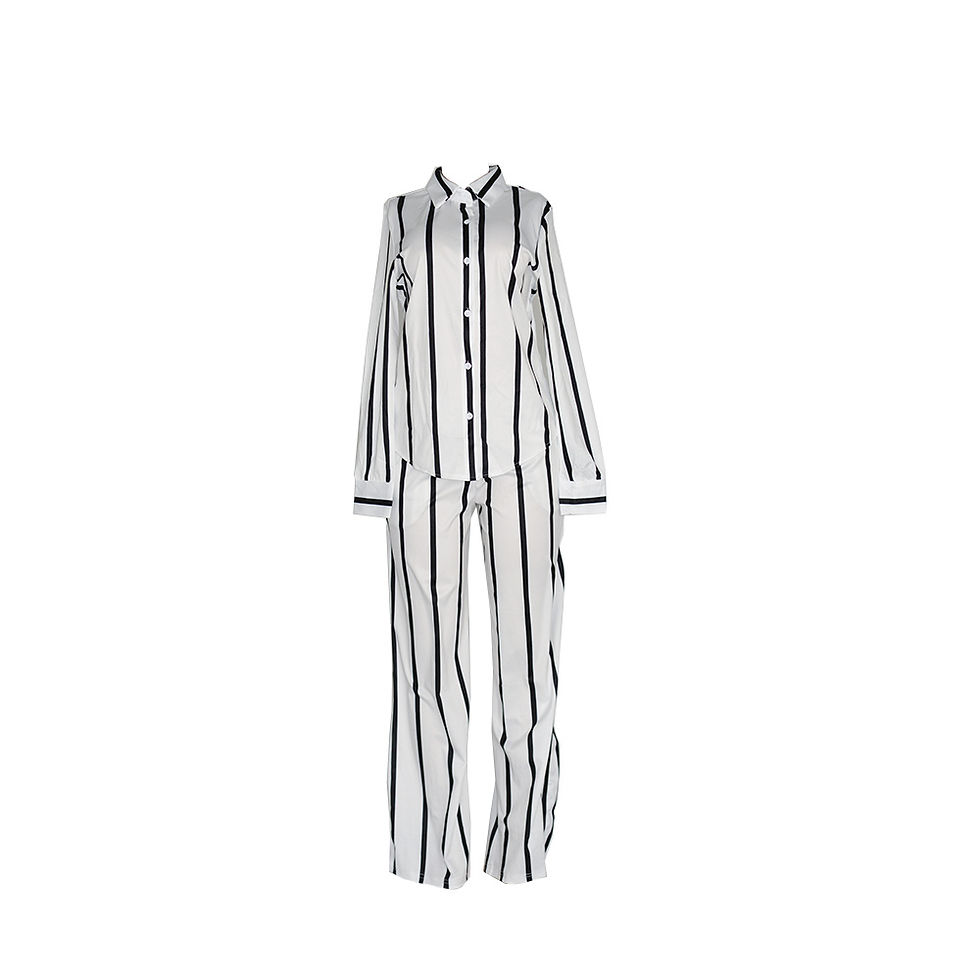 Thumbnail: Women's Striped Print Two-piece Set - Button Front Collar Long Sleeve Shirt & Hi