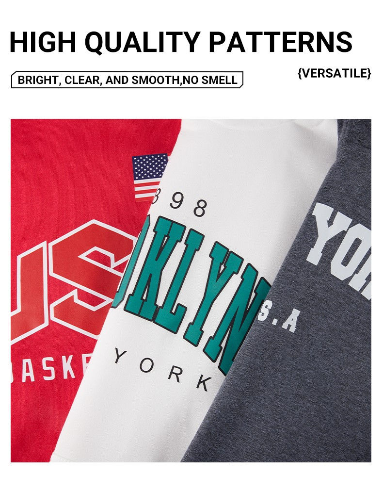Thumbnail: Three sweatshirts showing 'USA' and 'Brooklyn York' prints.