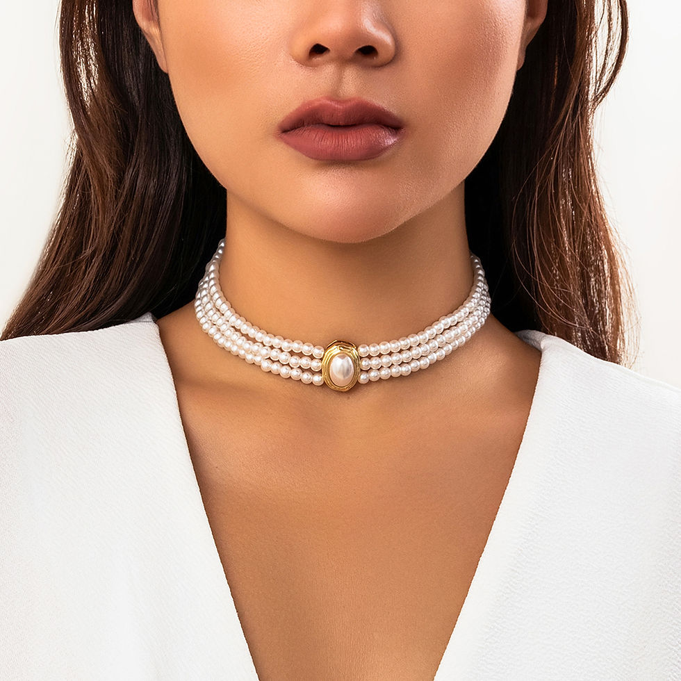 Thumbnail: Multilayer Vintage Imitation Pearl Short Choker Necklace for Women Trendy Elegan