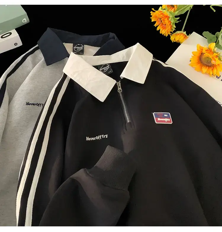 Thumbnail: Black and grey oversized lapel zipper sweatshirts with stripes