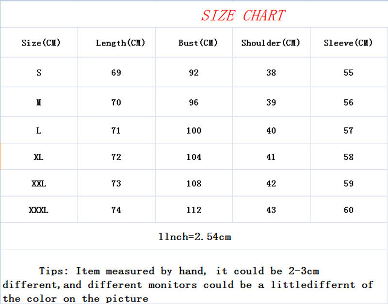 Thumbnail: Size chart with length, bust, shoulder, and sleeve measurements