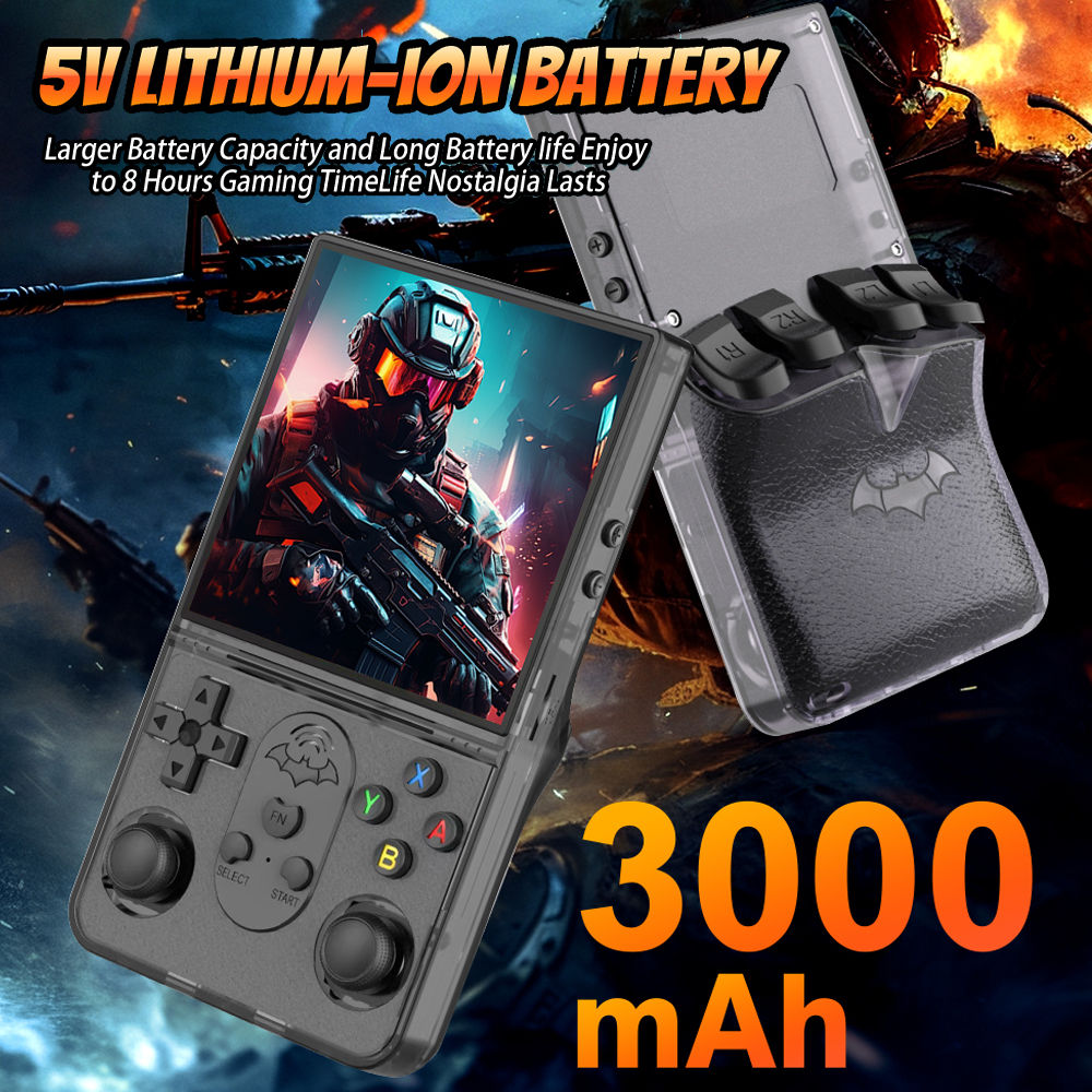 Retro gaming machine with 5V lithium-ion battery and 3000 mAh capacity.
