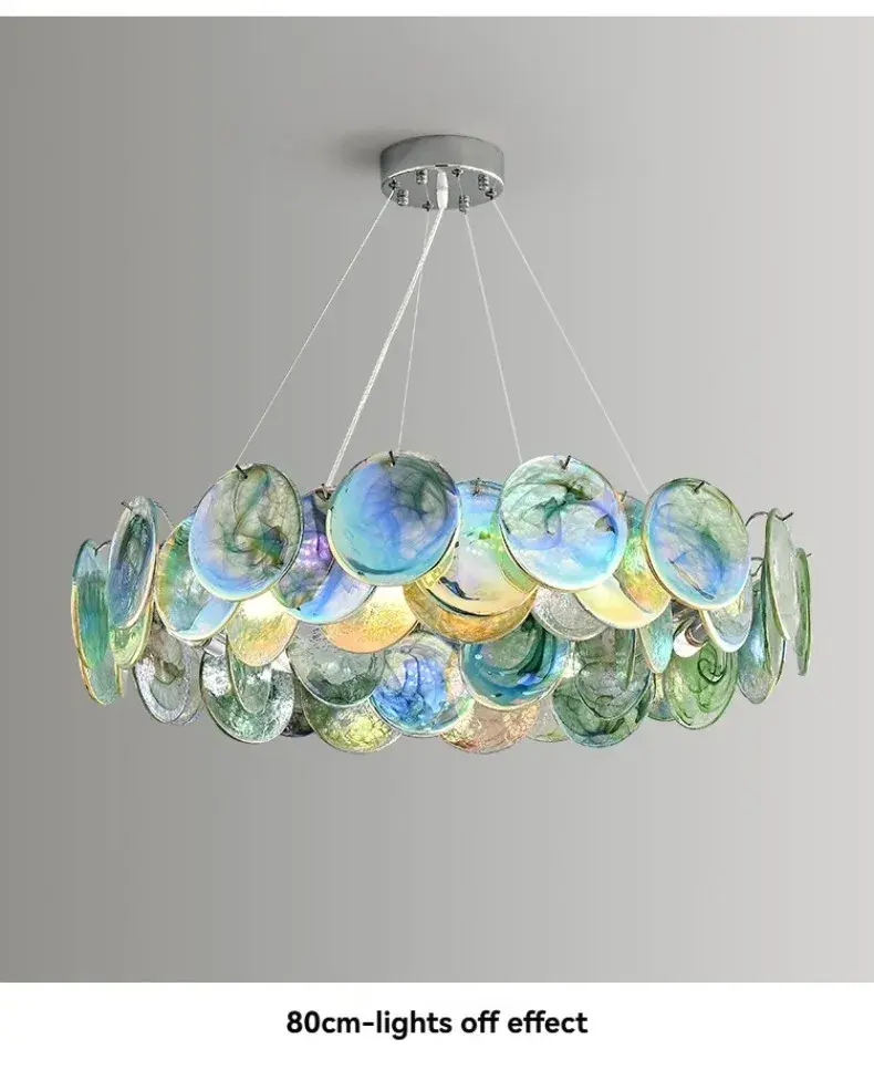 Thumbnail: Iridescent glass disc chandelier