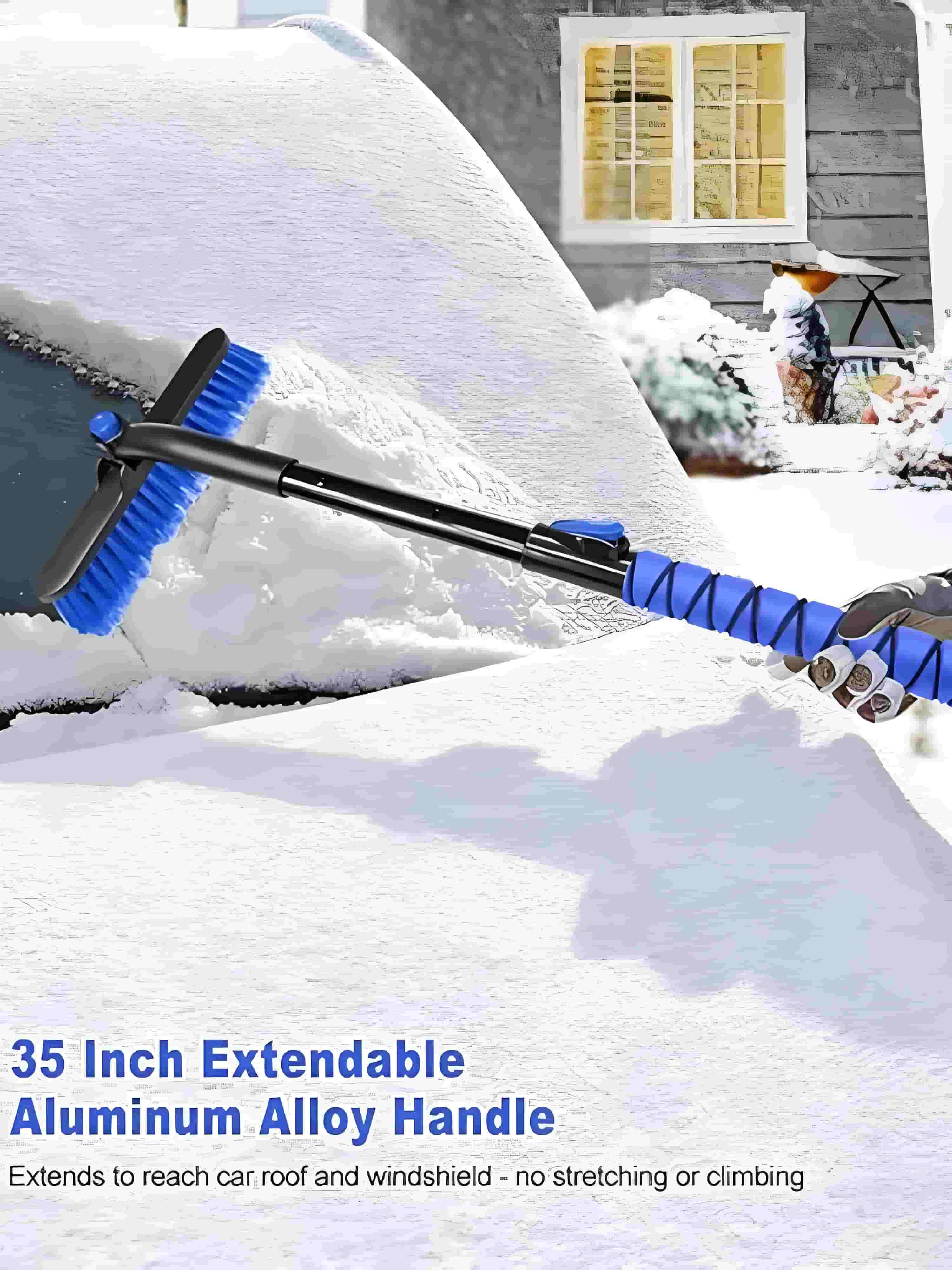 Snow brush with 35-inch extendable aluminum alloy handle clearing car windshield