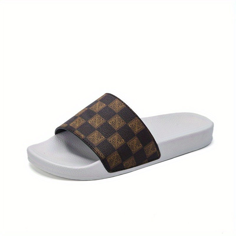 Thumbnail: White slide sandal with brown checkered strap