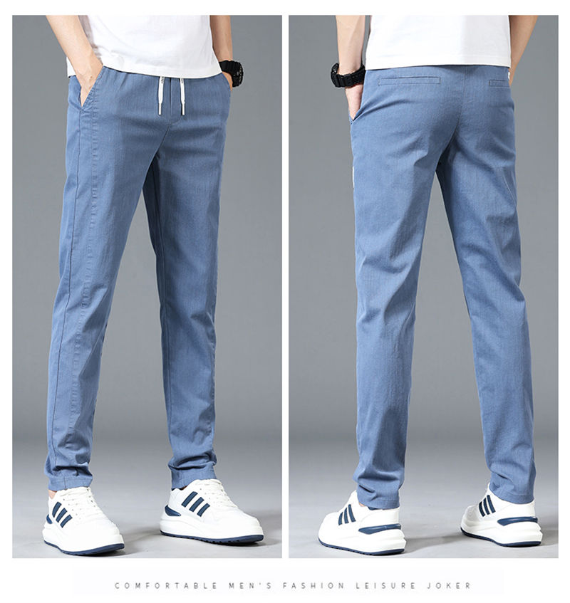 Thumbnail: Men's light blue drawstring pants, front & back