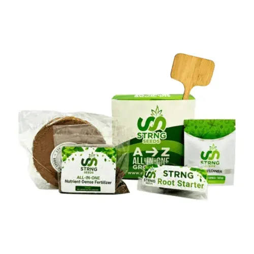 Thumbnail: STRNG plant care products: fertilizer, root starter, spade.