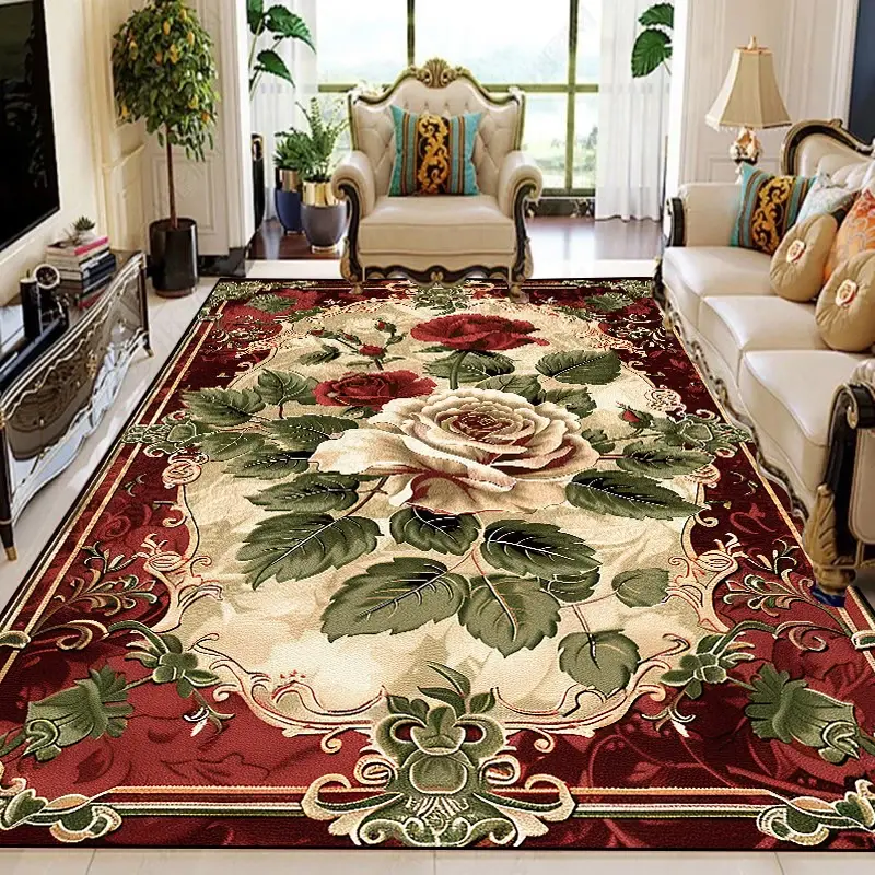 Thumbnail: Ornate red and beige floral rug in a classic living room