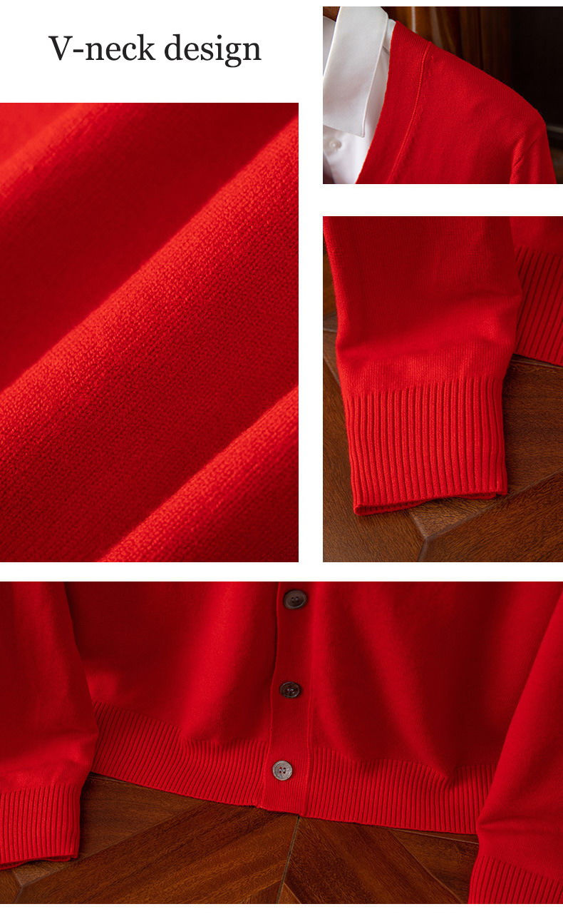 Thumbnail: Red knit fabric, ribbed sleeve, and buttons